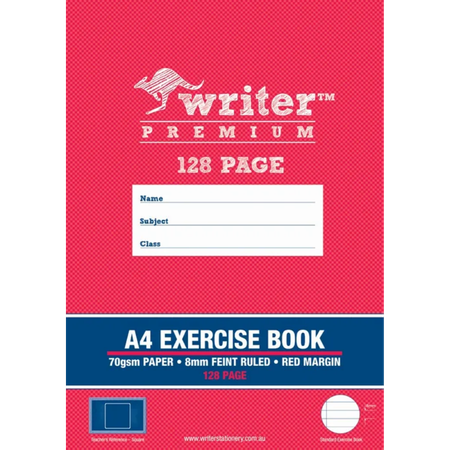 Exercise Book Writer Premium A4 70GSM 8mm Ruled 128pg with Margin Square