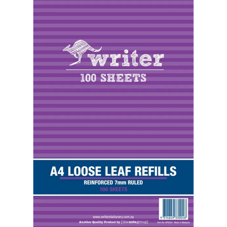 Loose Leaf Refill Writer A4 Reinforced 7mm Ruled Pack 100