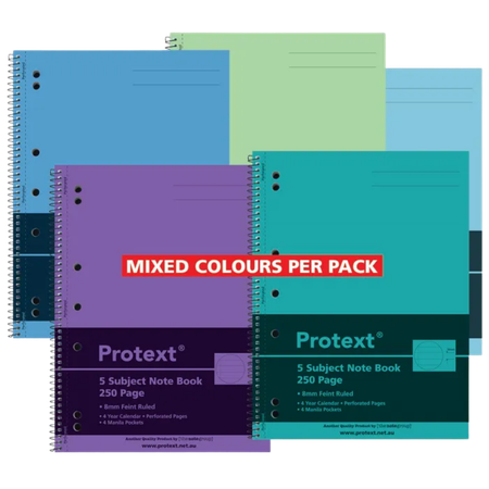 Note Book Protext A4 Spiral 5-Subject 250pg Asstd