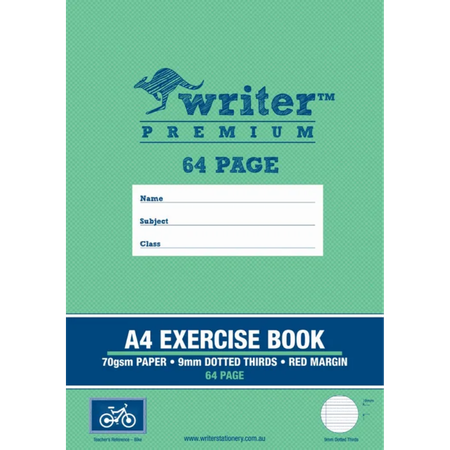 Exercise Book Writer Premium A4 70GSM 9mm Dotted Thirds 64pg with margin Bike