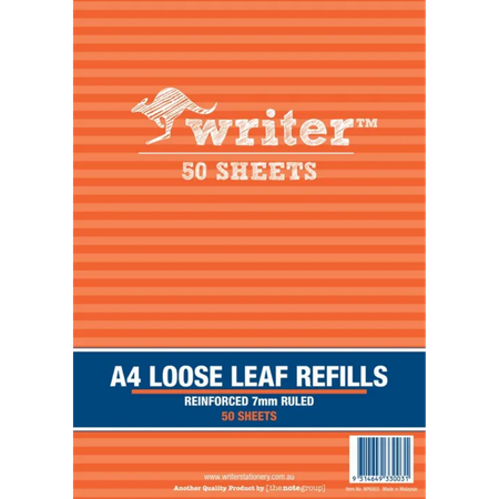 Loose Leaf Refill Writer A4 Reinforced 7mm Ruled Pack 50