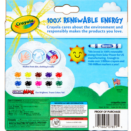 Markers Crayola Ultra-Clean Washable Broad Classic Colours Pack 10