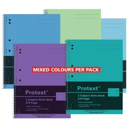 Note Book Protext A4 Spiral 3-Subject 270pg Asstd