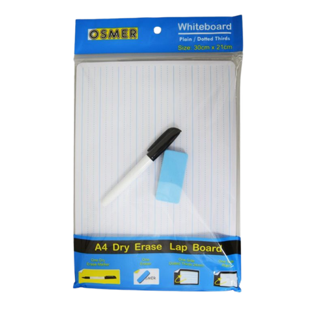 Whiteboard Osmer A4 MDF Double Sided Plain & 24mm Dotted Thirds Kit with Marker & Eraser